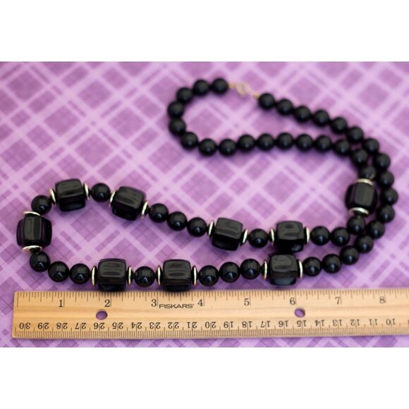 Vintage Black and Gold Geometric Beaded Necklace 30 Inch - V16 - Picture 3 of 3